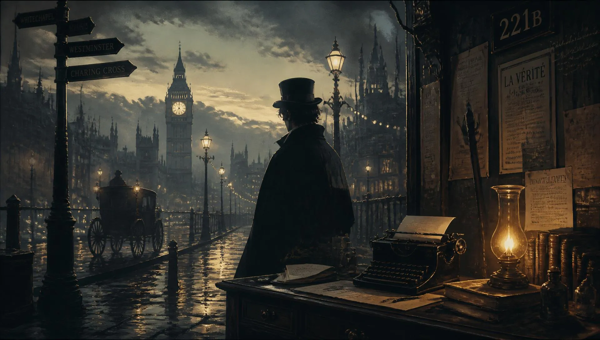 A silhouetted figure at a candle-lit desk overlooking a rainy 1920s London street
